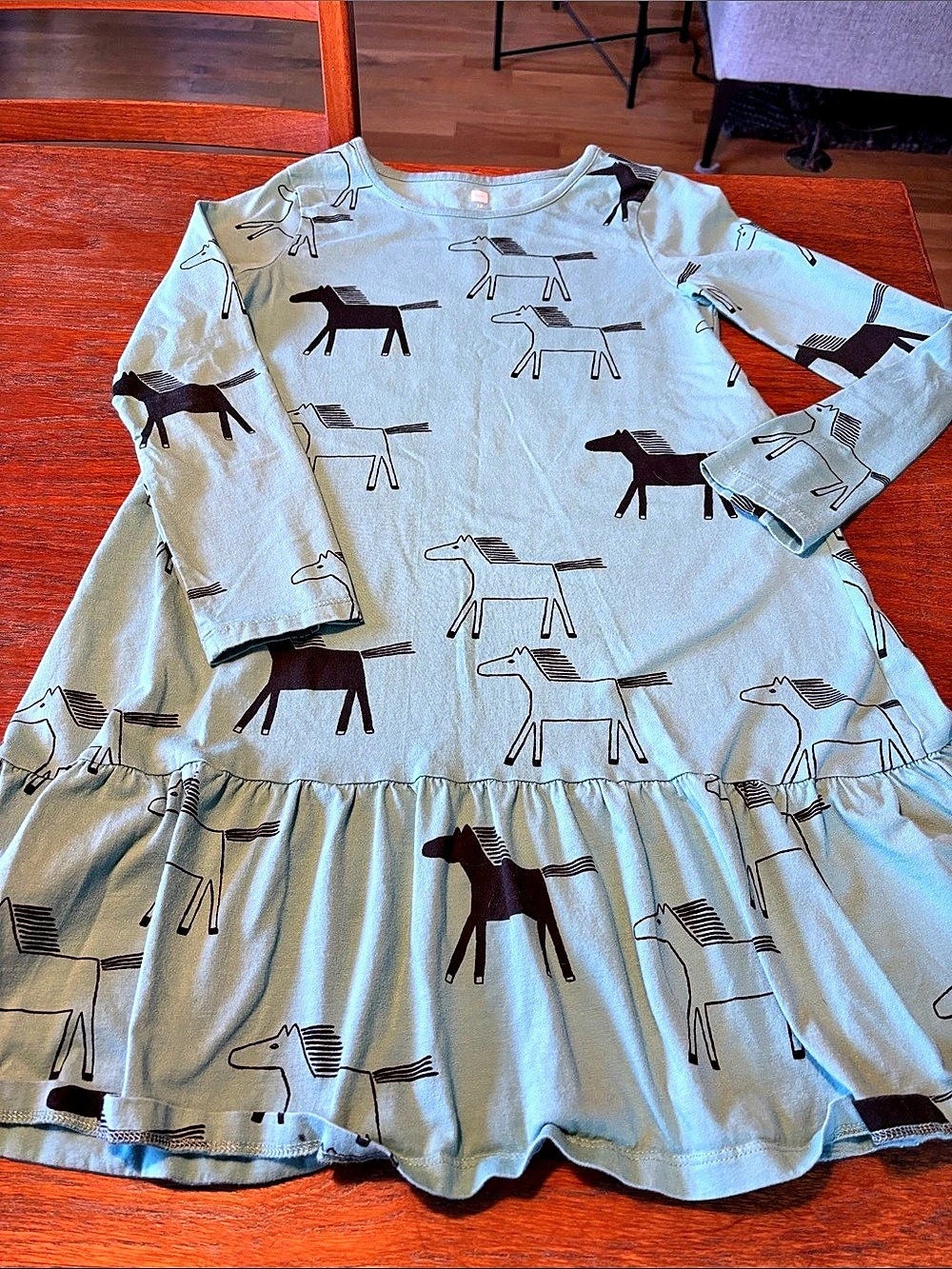 Tea Collection Girls Size 12 Robin’s Egg Blue & Brown Horse Print Dress